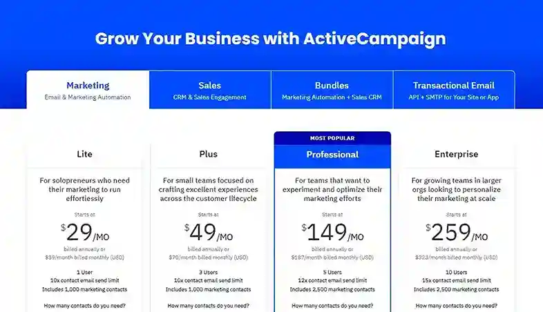 ActiveCampaign highlights its pricing plans, catering to businesses of various sizes. This email marketing tool offers features like marketing automation, CRM, and transactional emails, but pricing starts at $29 per month. Consider ActiveCampaign if advanced features are important in your search for the "best email marketing tool for small business".