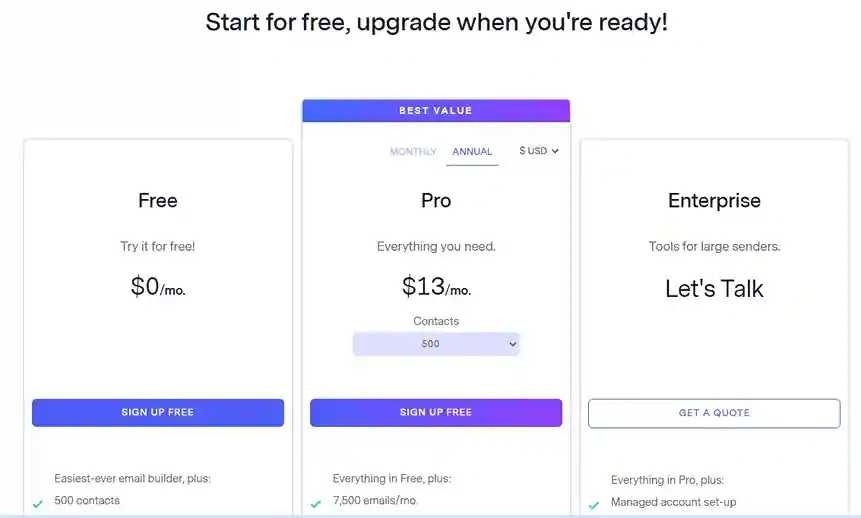 This pricing table shows HubSpot Email Marketing plans, including a free tier with limitations. It integrates with other HubSpot marketing and CRM tools (paid plans). Explore HubSpot Email Marketing if you use HubSpot and are looking for an integrated solution in your search for the "best email marketing tool for small business"