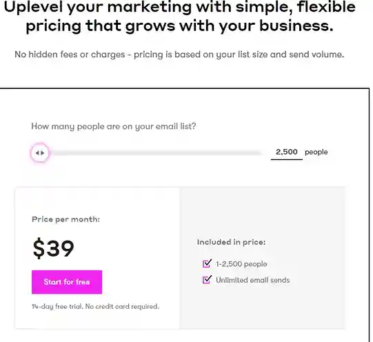 Drip showcases its pricing plans designed for e-commerce businesses. This email marketing platform integrates with popular platforms like Shopify and focuses on features that boost sales based on purchase behavior. Consider Drip if you run an online store and are searching for the "best email marketing tool for small business".