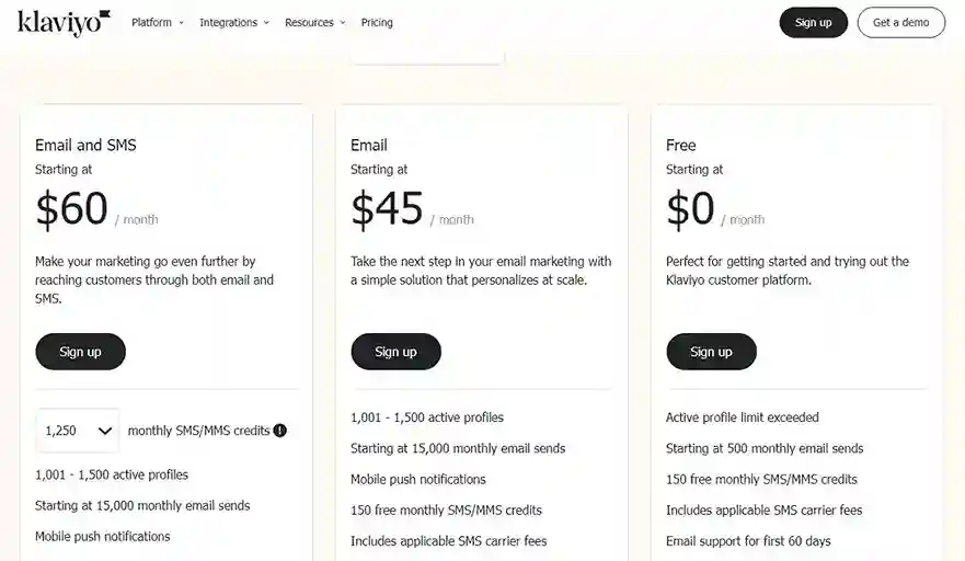 This pricing table shows Klaviyo's plans, including a free tier with limitations. Klaviyo is an e-commerce focused email marketing tool with integrations for platforms like Shopify. Explore Klaviyo if you have an online store and are looking for the "best email marketing tool for small business"