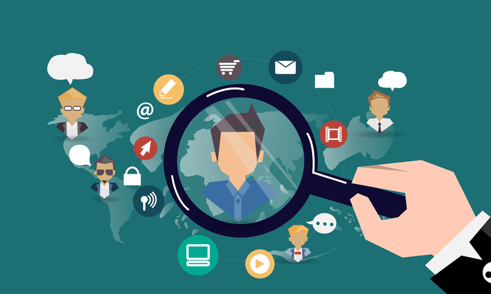 Illustration representing a client hunting course concept. A hand holds a magnifying glass focusing on a stylized person icon, surrounded by various social media and communication symbols on a world map background, suggesting digital methods for finding clients.