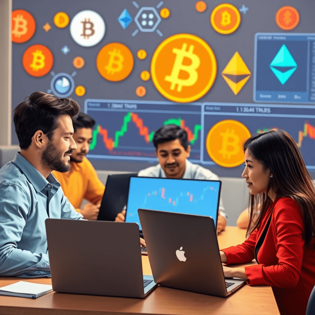 A diverse group of people at a desk with laptops open, analyzing cryptocurrency charts. The background features cryptocurrency symbols and a digital trading interface