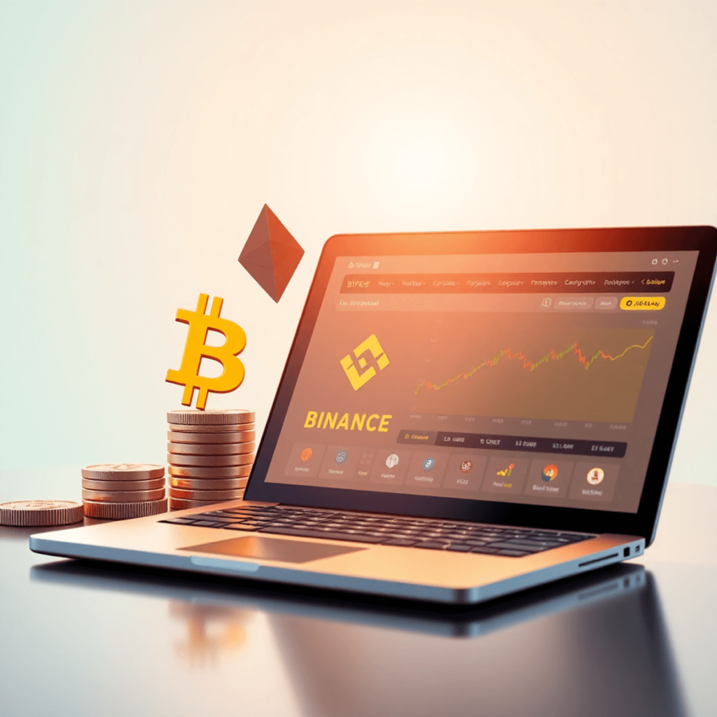 A sleek laptop displaying the Binance trading platform, surrounded by cryptocurrency symbols like Bitcoin and Ethereum, set against a bright, inviting background