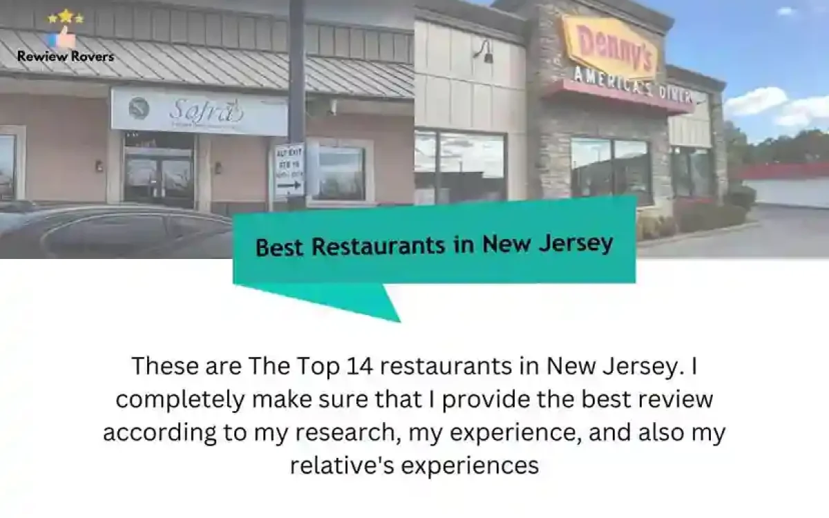 A collage of fourteen logos from New Jersey restaurants. They are Denny's, America's Diner, Rewind Rovers, and Sofra. The text at the top of the image says "Best Restaurants in New Jersey". There is also text that says "These are the Top 14 restaurants in New Jersey. I completely make sure that I provide the best review according to my research, my experience, and also my relative's experiences.