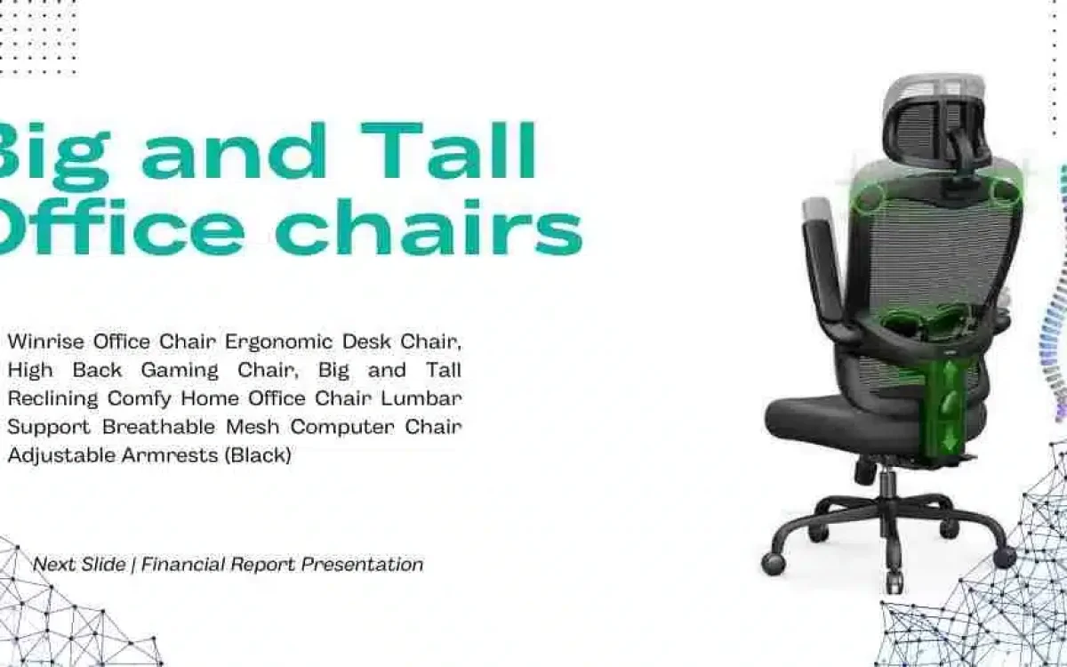 Image of a black, big and tall ergonomic office chair with adjustable armrests Text on the image: Big and Tall Office Chairs* Text below the image: Winrise Office Chair Ergonomic Desk Chair, High Back Gaming Chair, Big and Tall Reclining Comfy Home Office Chair Lumbar Support Breathable Mesh Computer Chair Adjustable Armrests (Black)